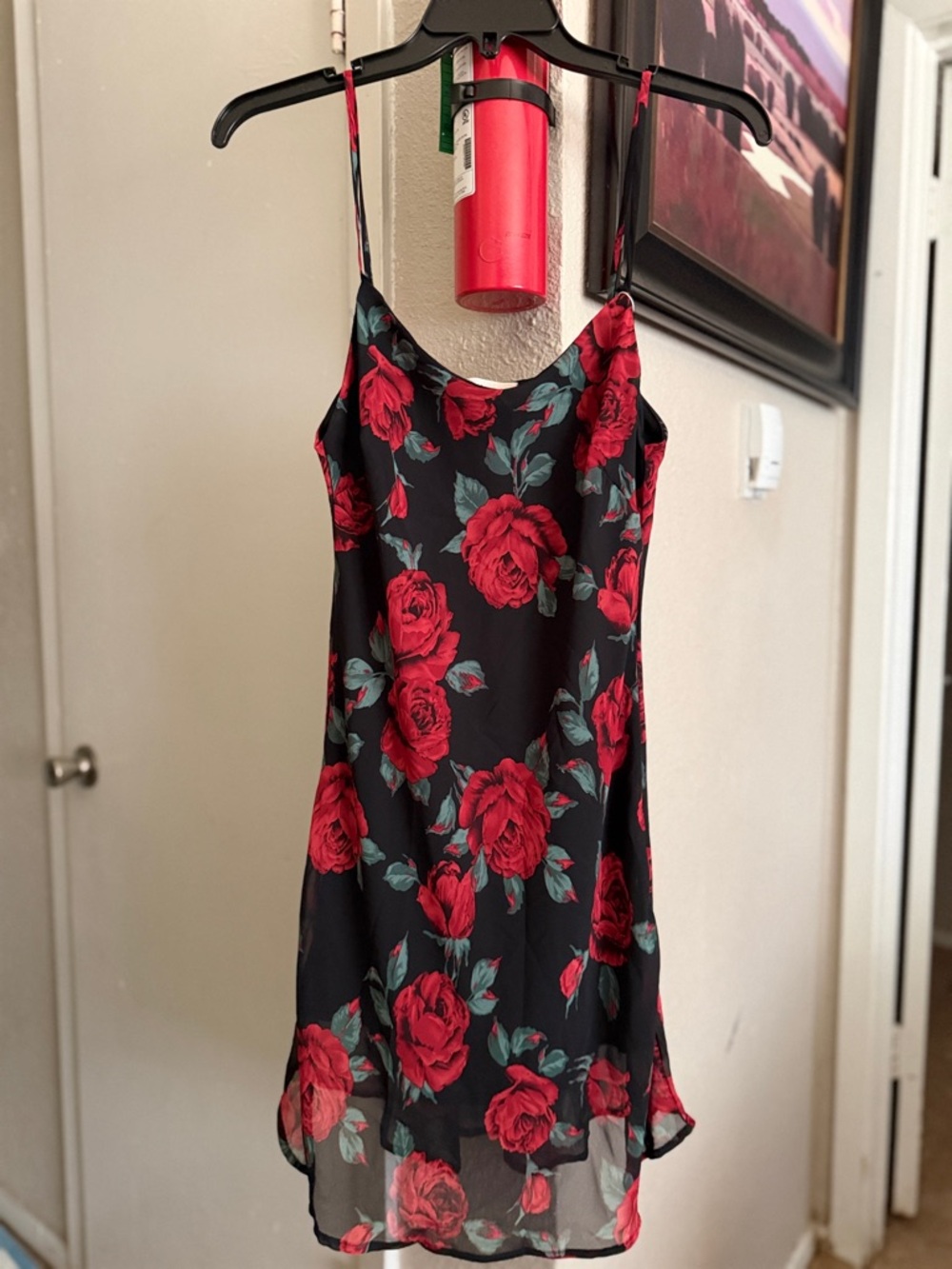 Miss Lola Black Slip Dress with Red Rose Print